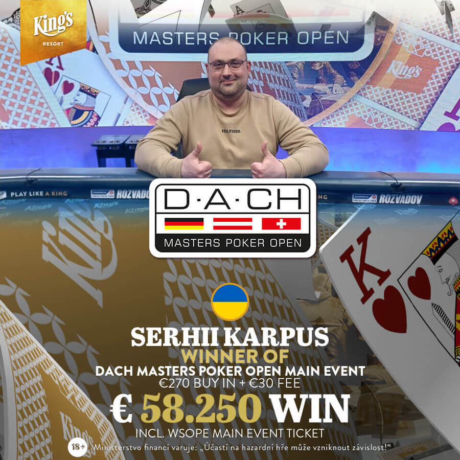 Serhii Karpus slaví titul z DACH Masters Poker Open v King’s Rozvadov